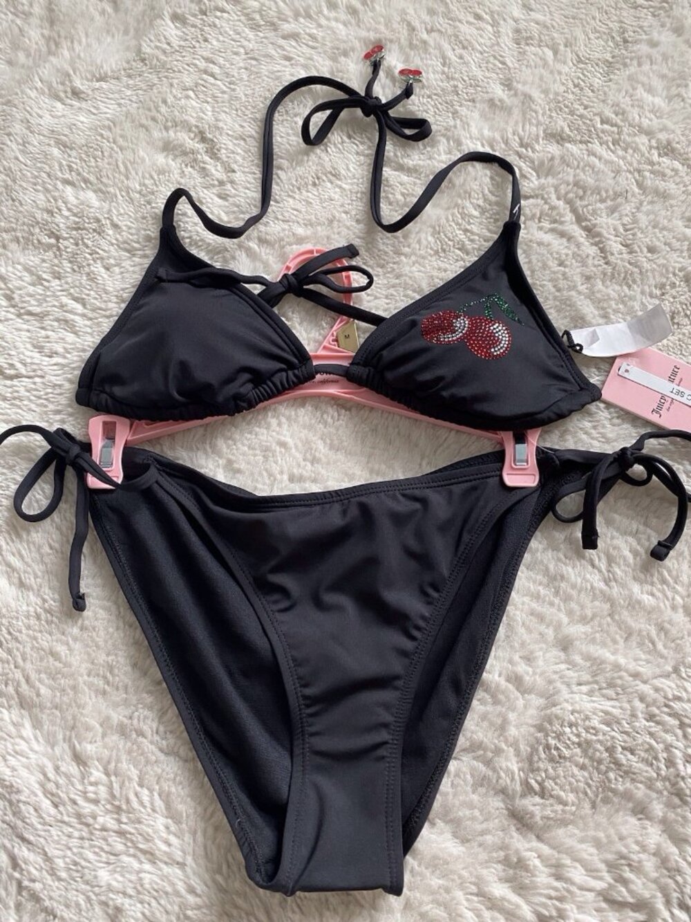 Juicy Couture Cherry Rhinestone Bikini Set Ladies Women’s Sz M Black Bling NEW